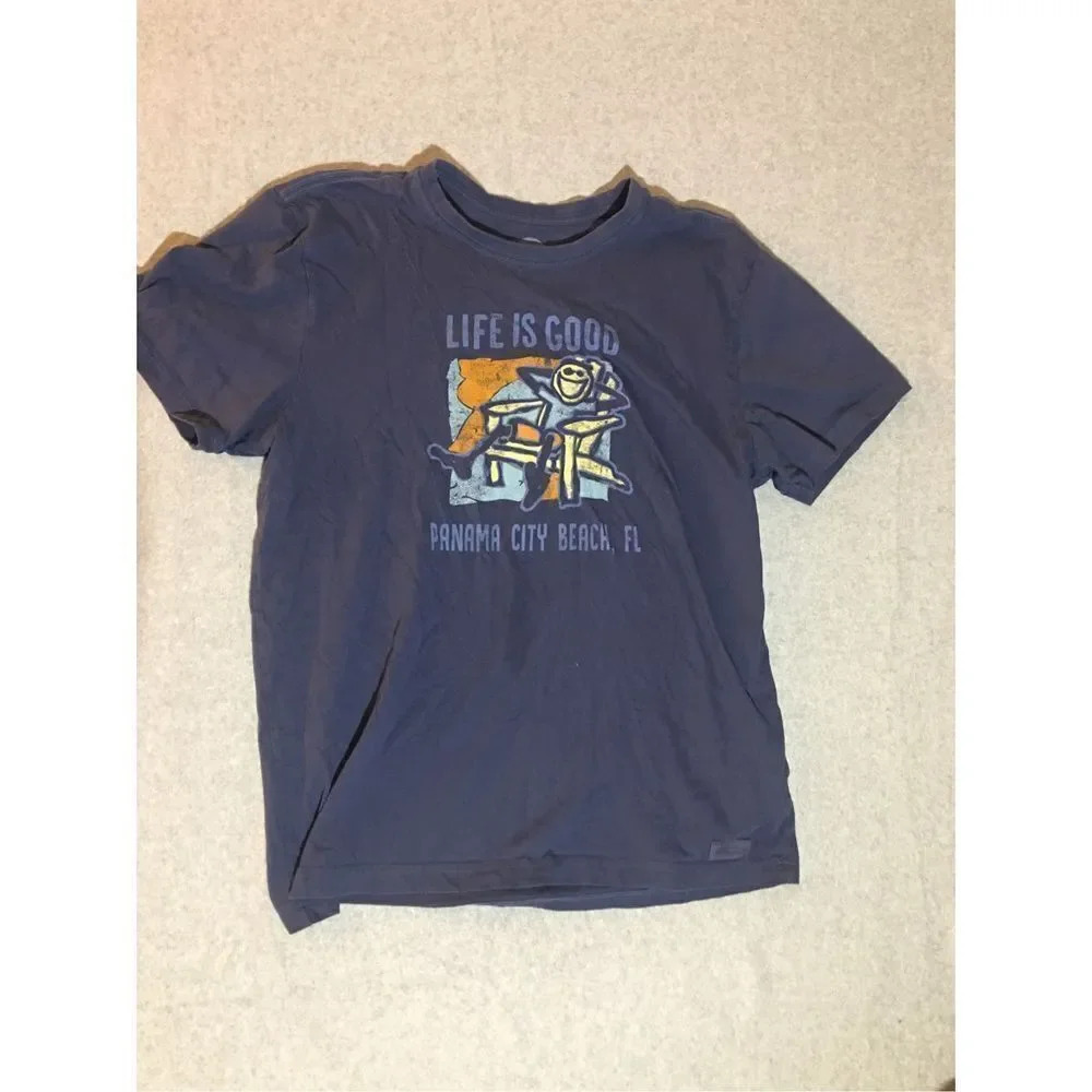 Mens Life is Good Shirt Size Large Panama City Beach Florida Navy Blue